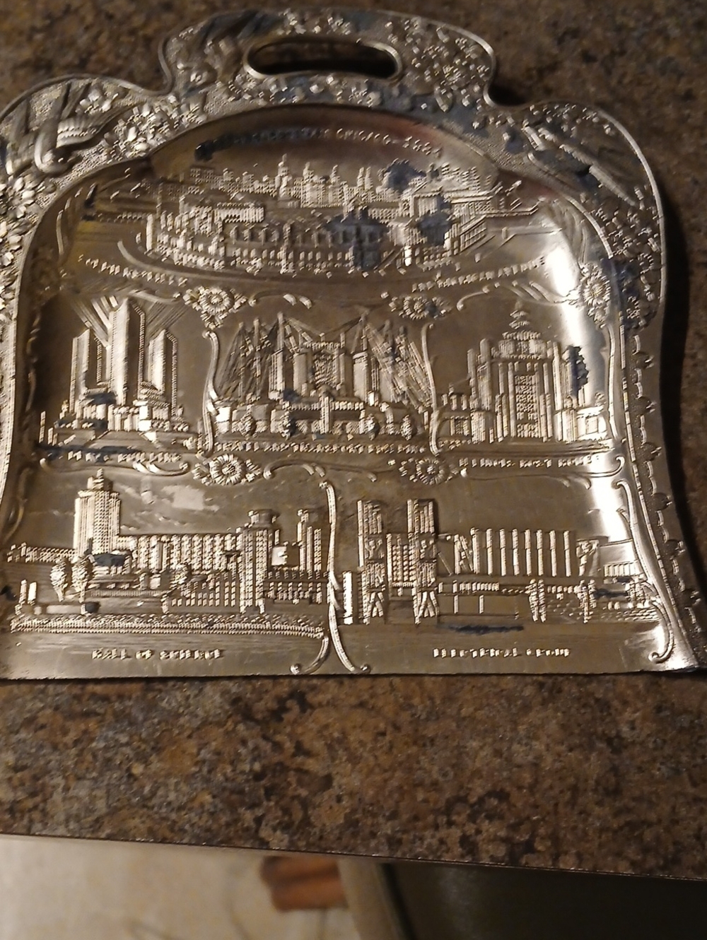 Embossed Decorative Metal Dustpan - Silver Cityscape Design